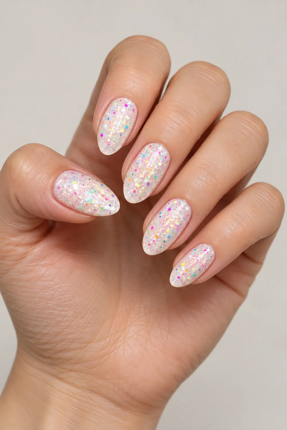 White glitter nails with multicolor neon sparkles