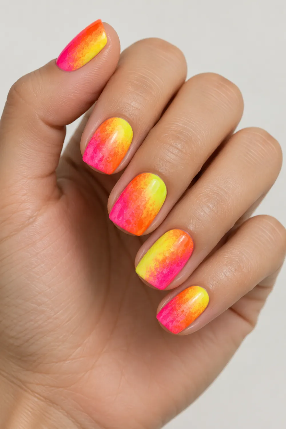 Neon pink, orange, and yellow sponge gradient nail art