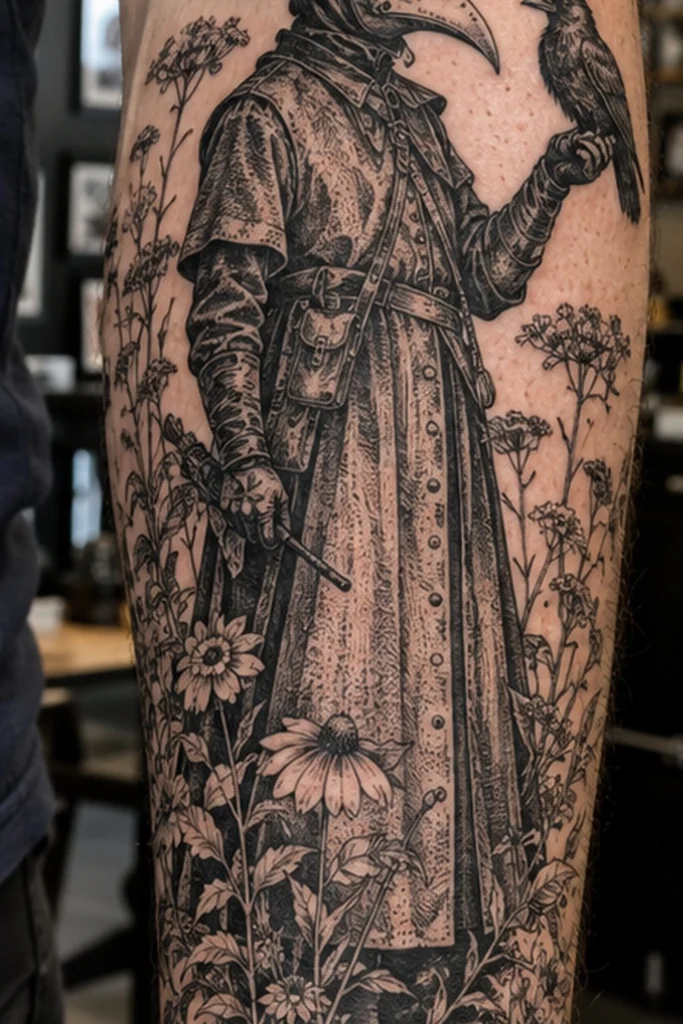 Blackwork plague doctor tattoo holding a raven among wildflowers, botanical engraving style on a man's forearm