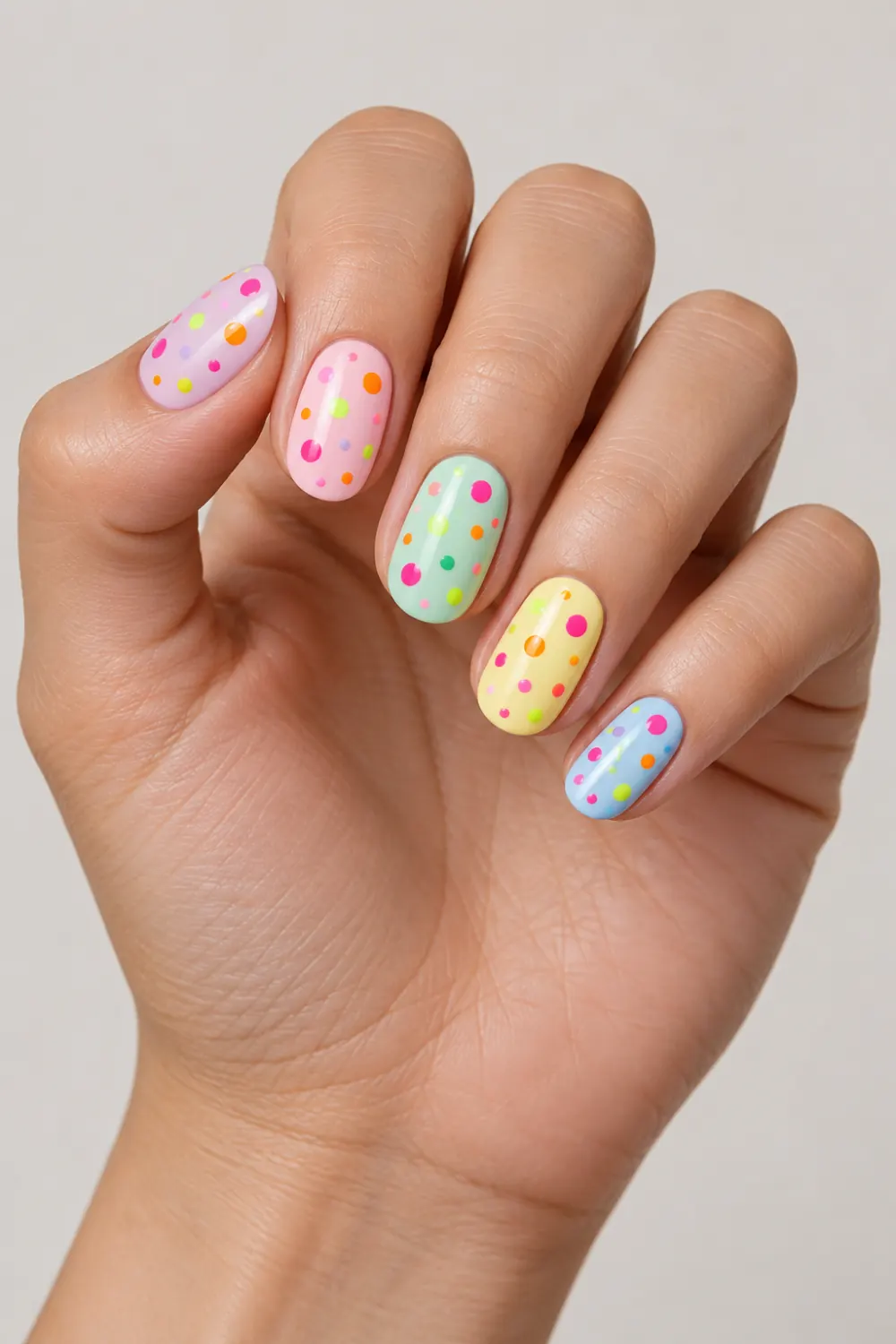 Pastel nails covered in bright neon polka dots