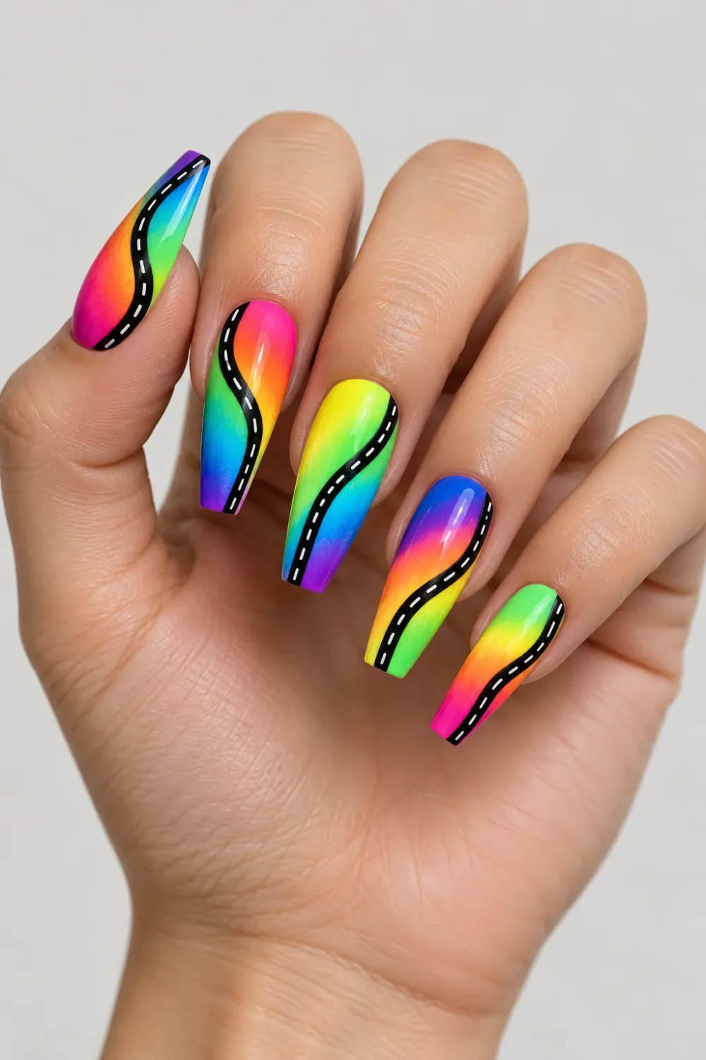 Coffin nails with neon rainbow gradients and black edge lines