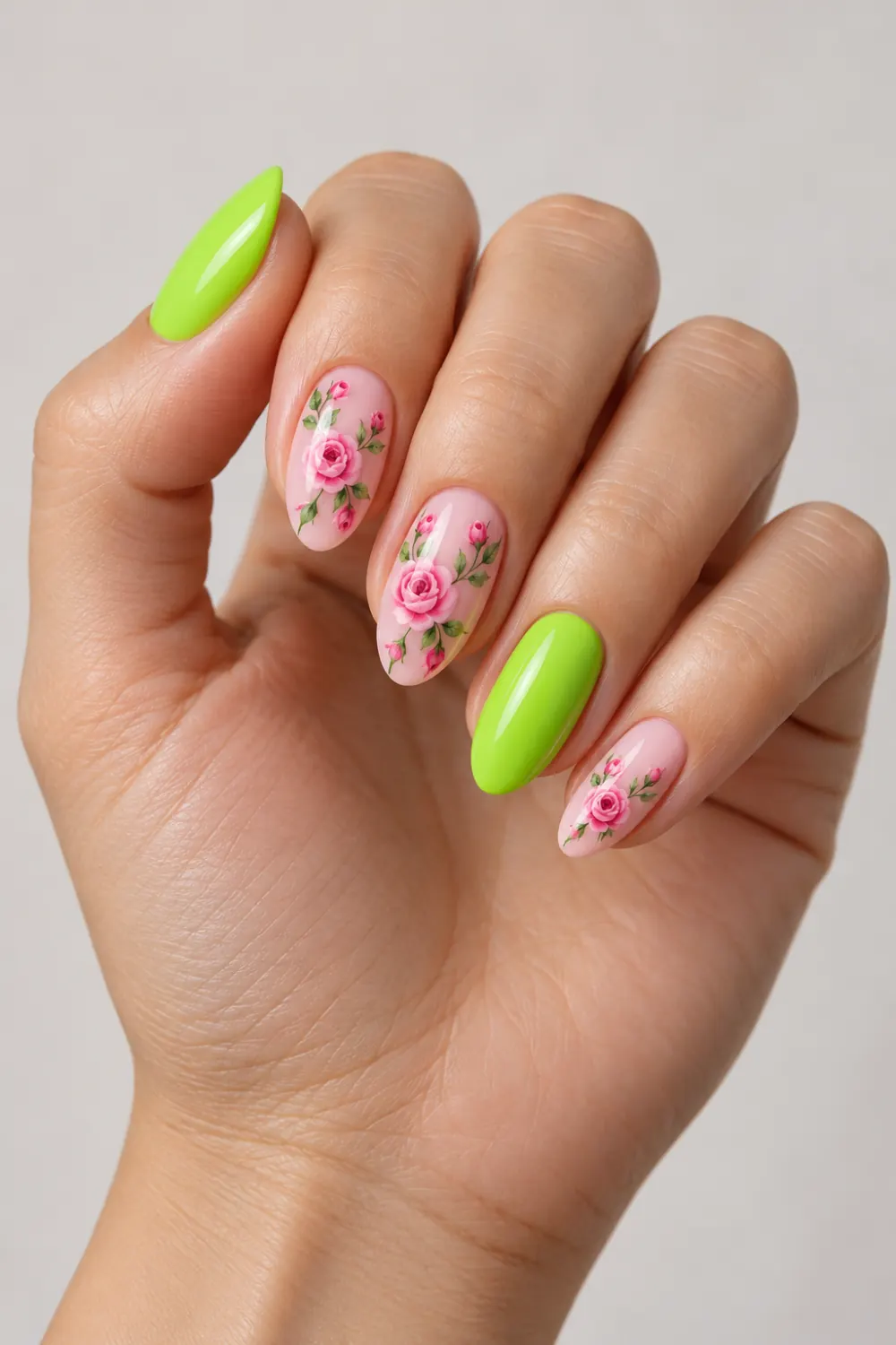 Rose pink floral nails with neon green accent nails