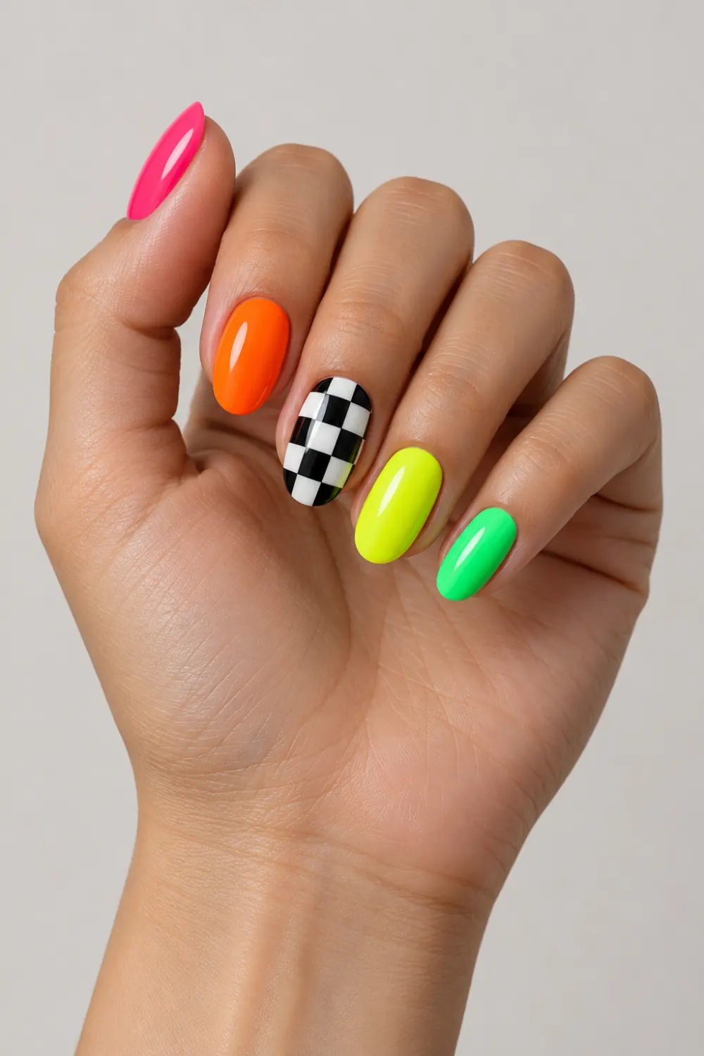 Multicolor neon nails with a black and white checkerboard accent