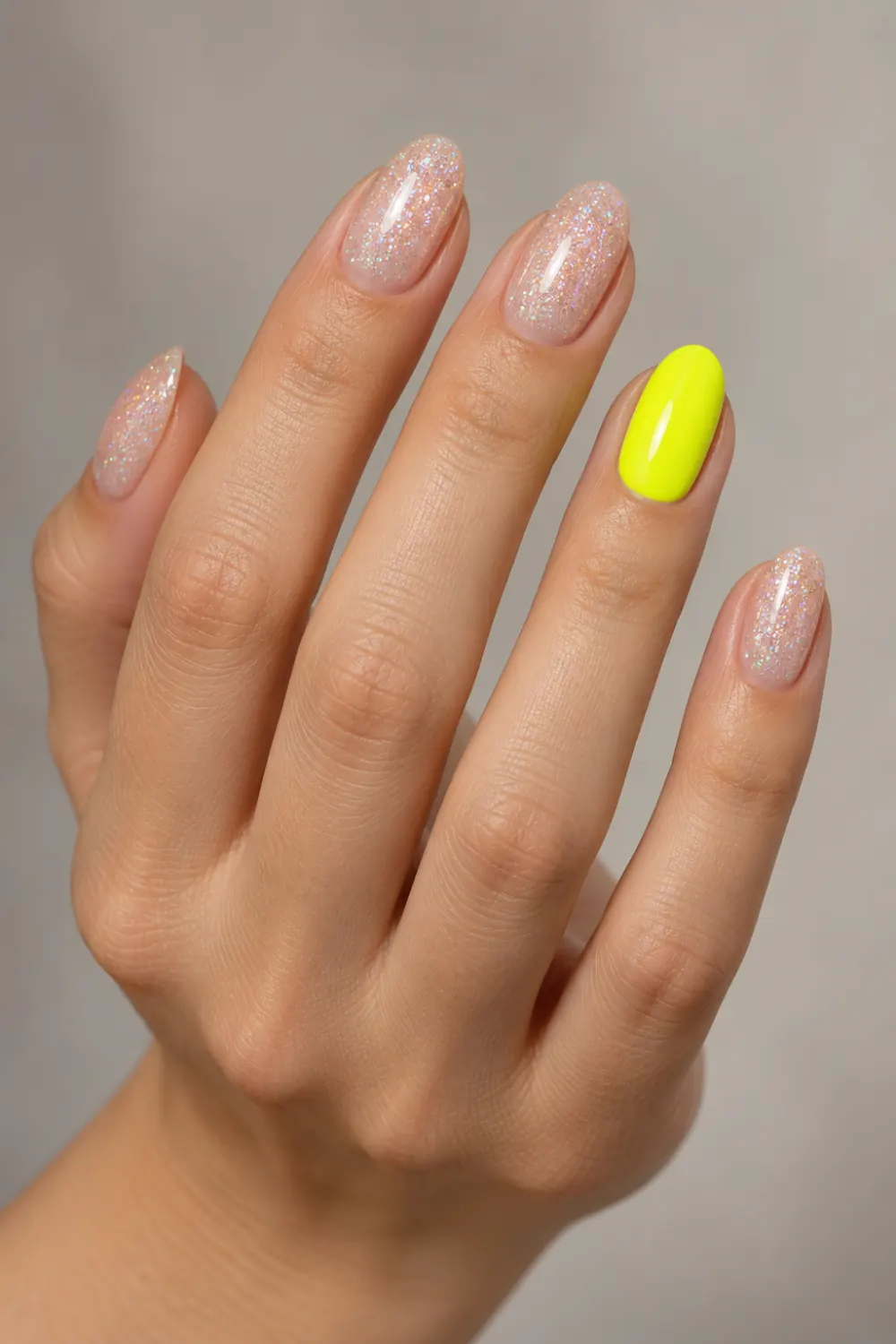 Glitter manicure with a solid neon yellow ring-finger accent