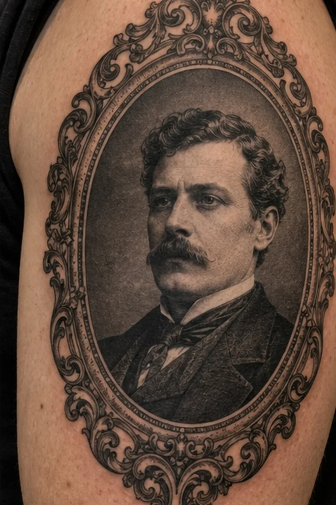 Black and grey realism tattoo of a Victorian gentleman portrait inside an ornate oval frame on a man's upper arm